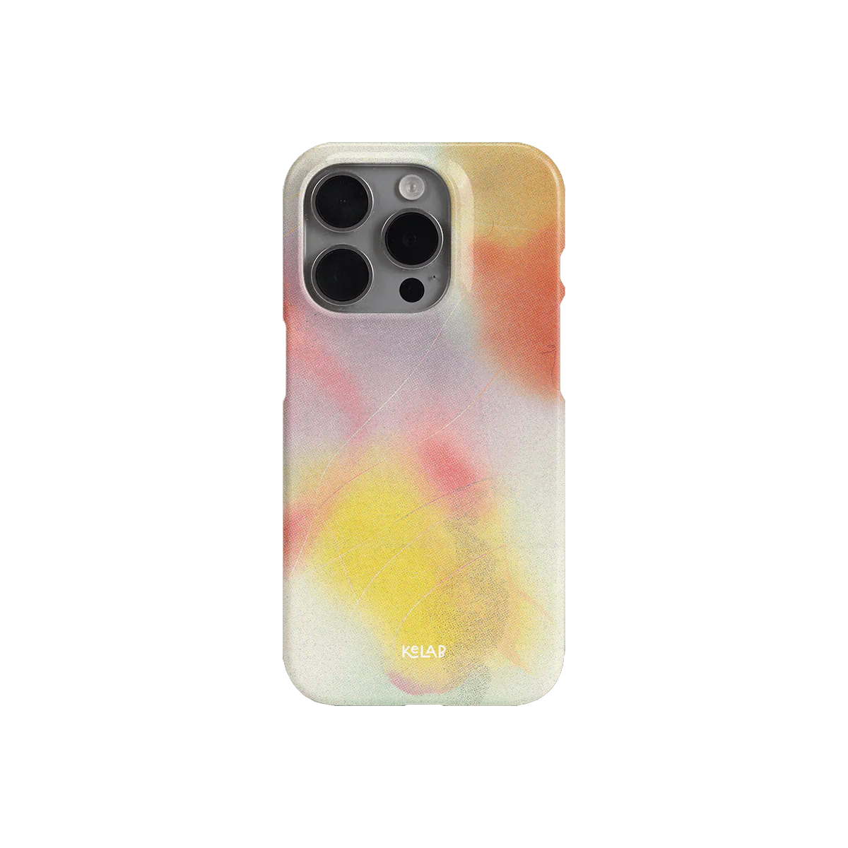 Unique iPhone case with vibrant purple, orange, and yellow painterly design, combining artistic flair with durable protection from KELAB.