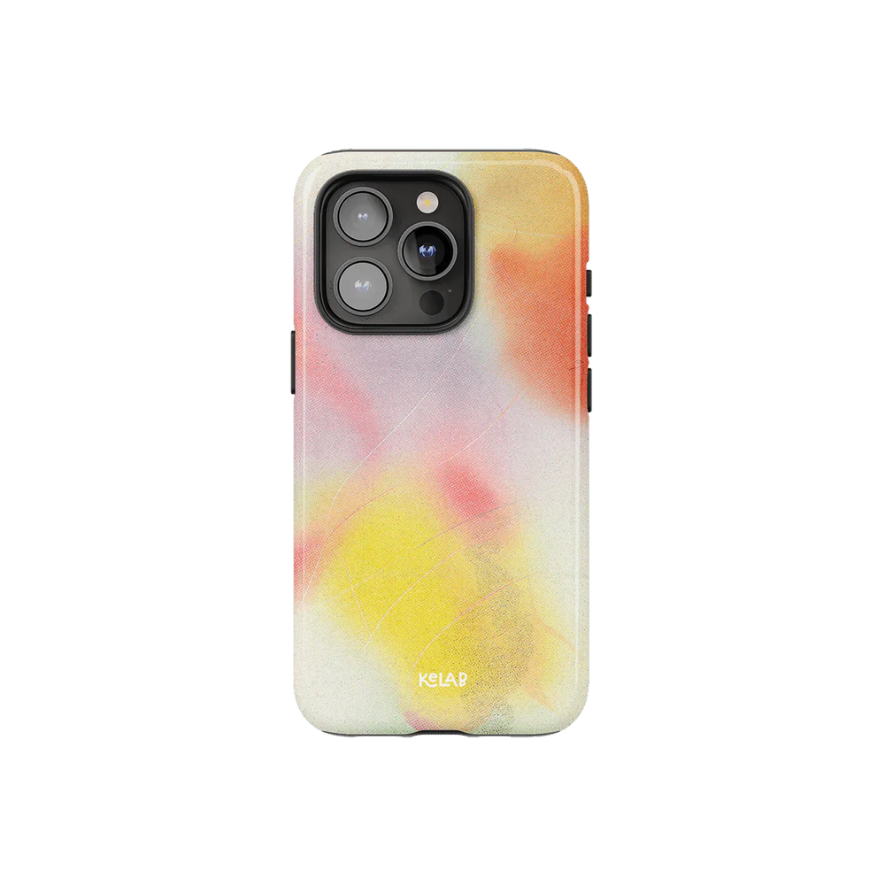 Colorful purple iPhone case from KELAB's Endorphins Series featuring a vibrant abstract watercolor design with pink, orange, and yellow tones.