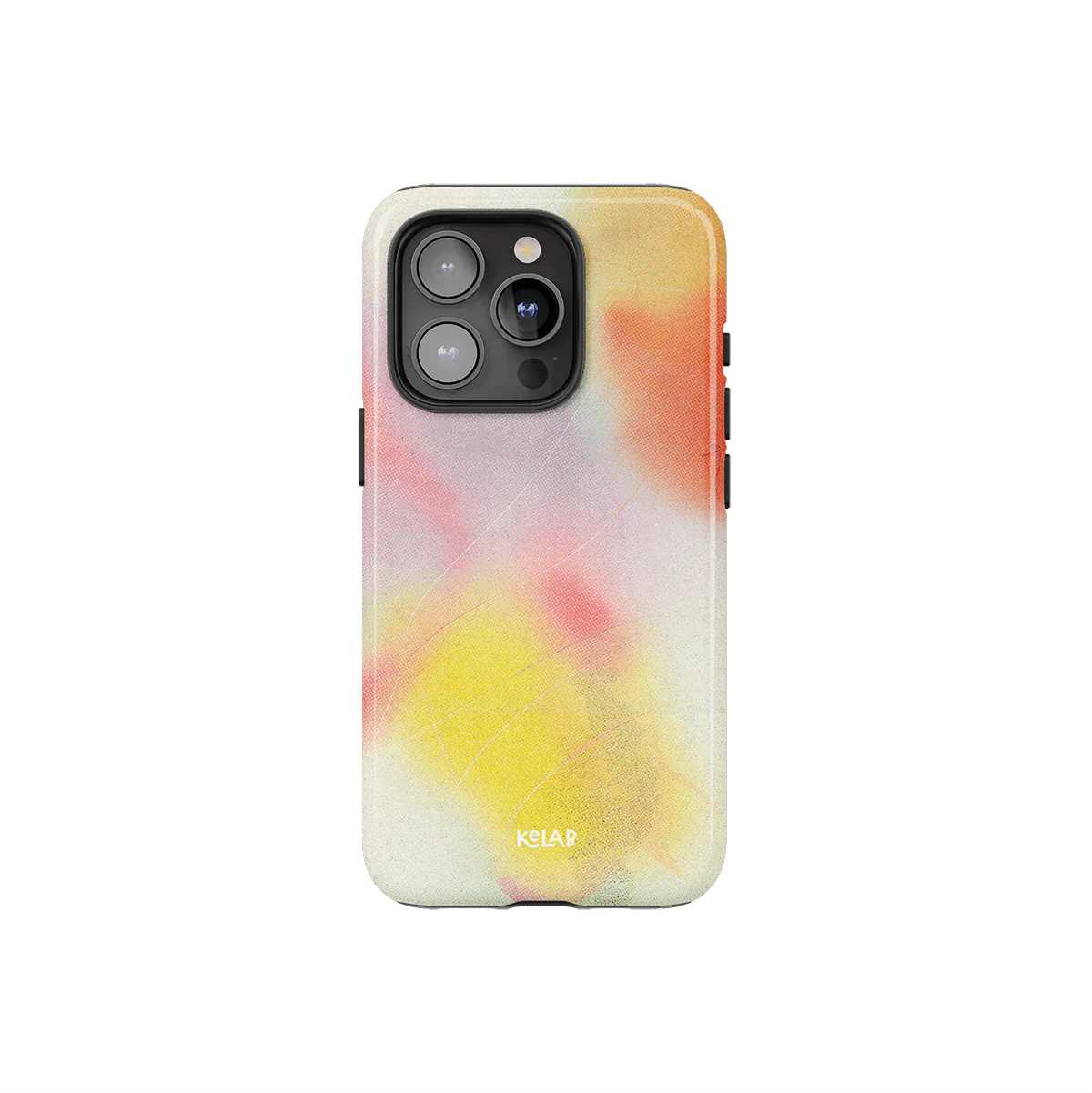 Colorful purple iPhone case from KELAB's Endorphins Series featuring a vibrant abstract watercolor design with pink, orange, and yellow tones.