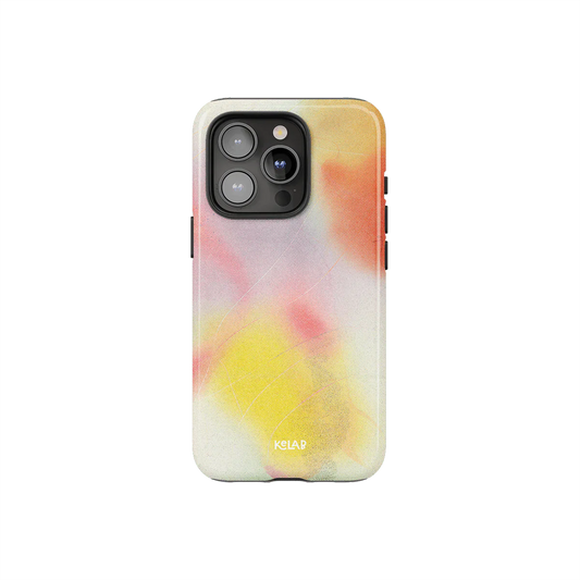Colorful purple iPhone case from KELAB's Endorphins Series featuring a vibrant abstract watercolor design with pink, orange, and yellow tones.