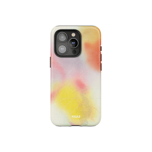 Colorful purple iPhone case from KELAB's Endorphins Series featuring a vibrant abstract watercolor design with pink, orange, and yellow tones.