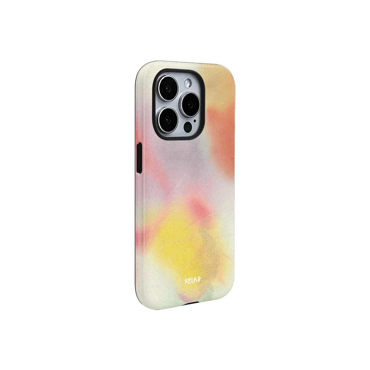 Designer-style iPhone case with painterly print in warm hues, offering a joyful and artistic look with minimalist protection by KELAB.