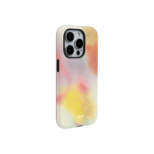Designer-style iPhone case with painterly print in warm hues, offering a joyful and artistic look with minimalist protection by KELAB.