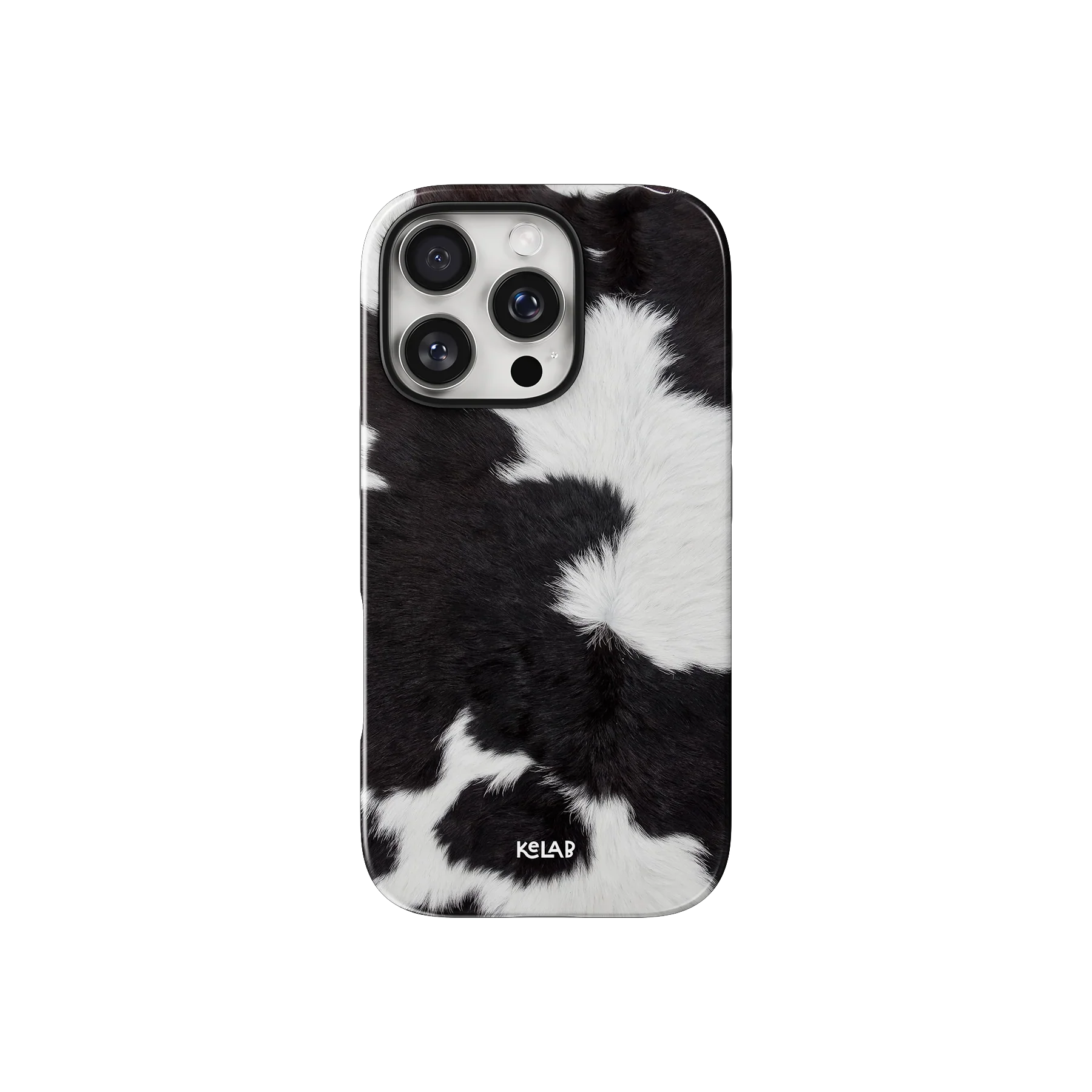 Black & White Cow Print iPhone Case by KELAB featuring a bold monochrome animal pattern with a soft matte finish, ideal for trendy fashion looks.