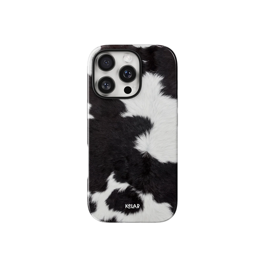 Black & White Cow Print iPhone Case by KELAB featuring a bold monochrome animal pattern with a soft matte finish, ideal for trendy fashion looks.