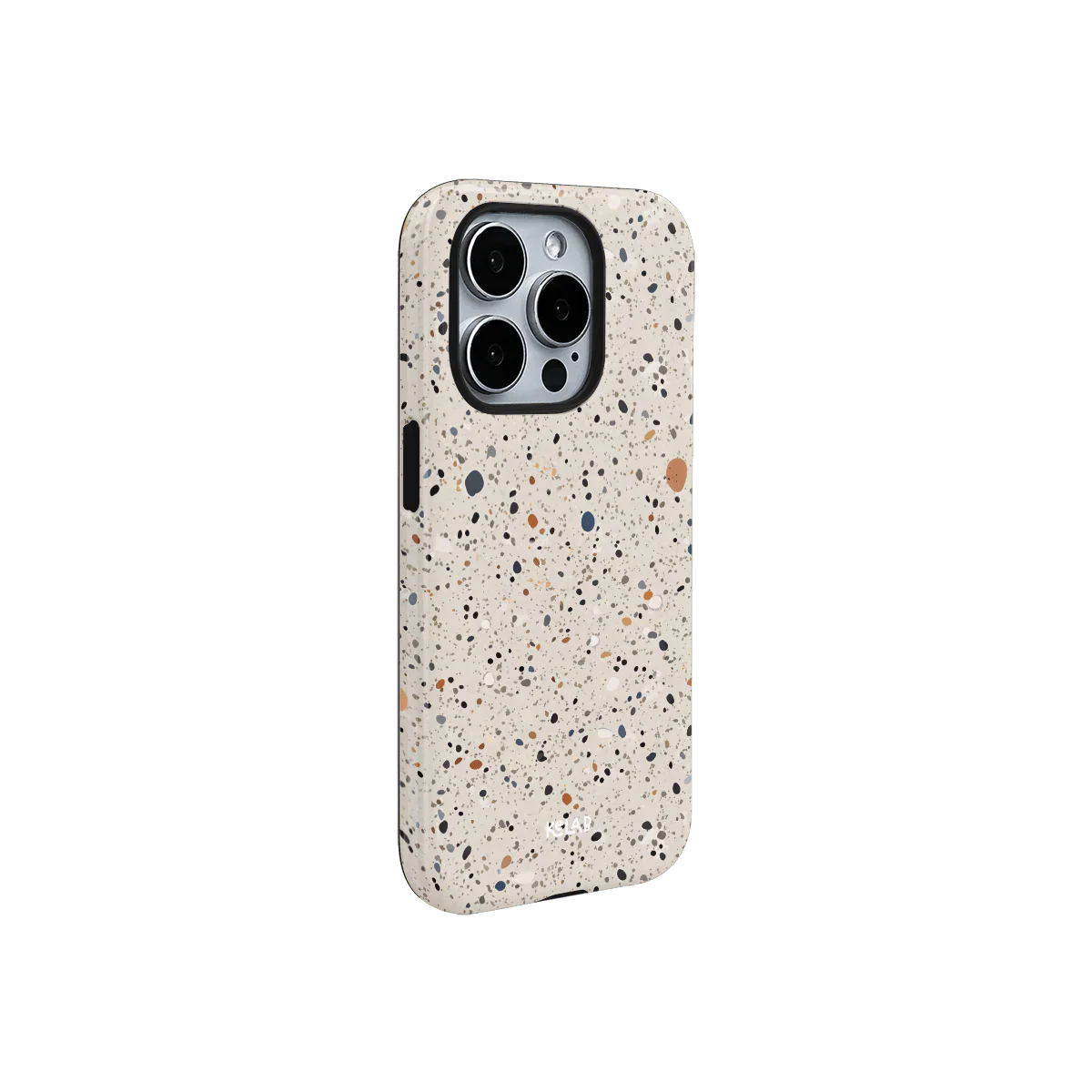 Side view of KELAB's Ivory Haze paint splatter phone case featuring a sleek, speckled white design with gradient color accents.