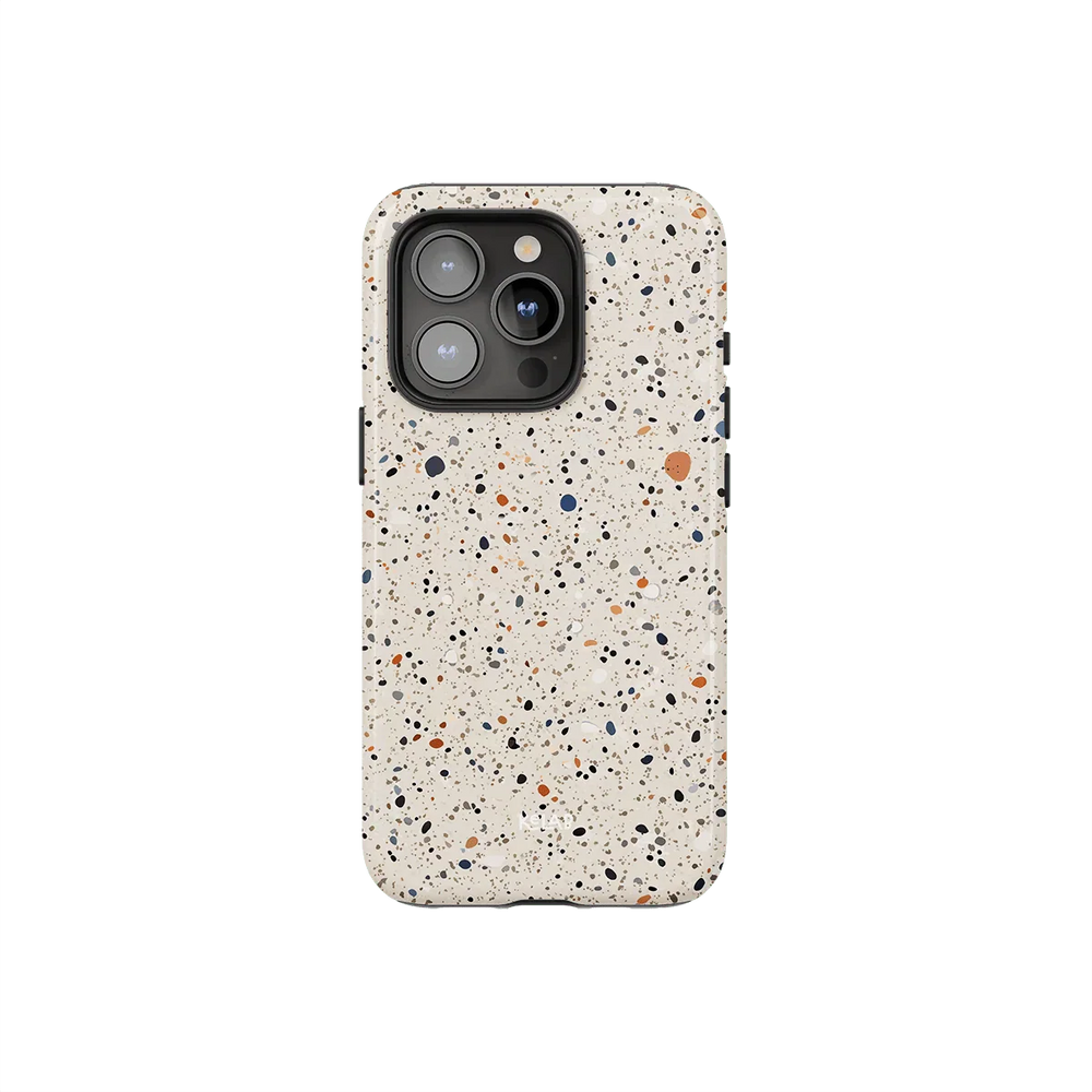Ivory Haze paint splatter phone case with minimalist white design and multicolor speckles. Stylish protection for modern smartphones by KELAB.