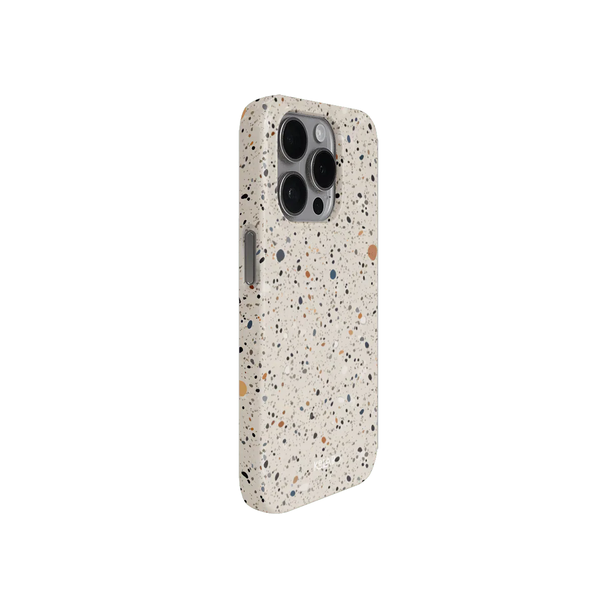 Angled view of Ivory Haze phone case by KELAB showcasing its artistic paint splatter design and precise camera cutout.