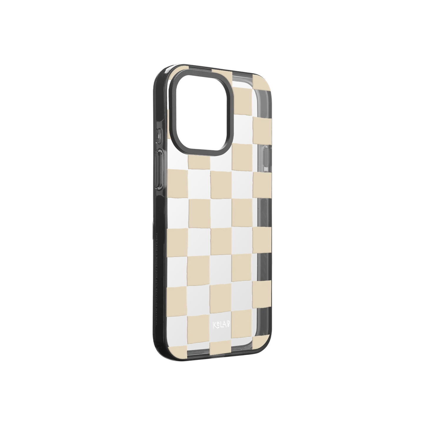 Checkered clear phone case with beige pattern on a white background