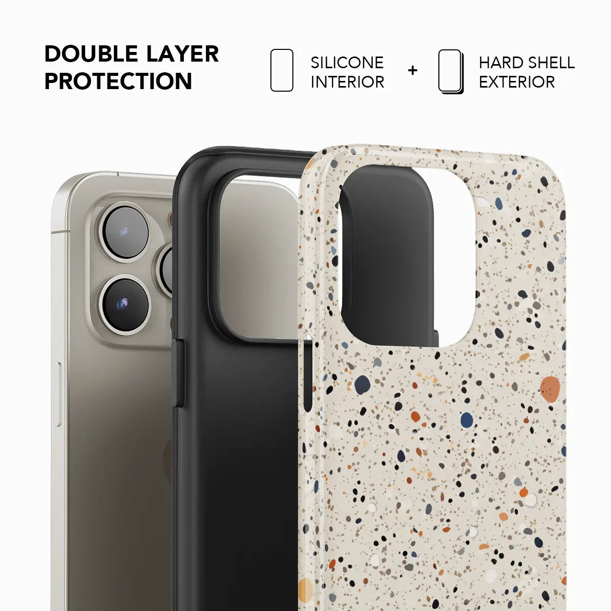 Double-layer protection of KELAB's Ivory Haze phone case with silicone interior and hard shell exterior for enhanced durability.