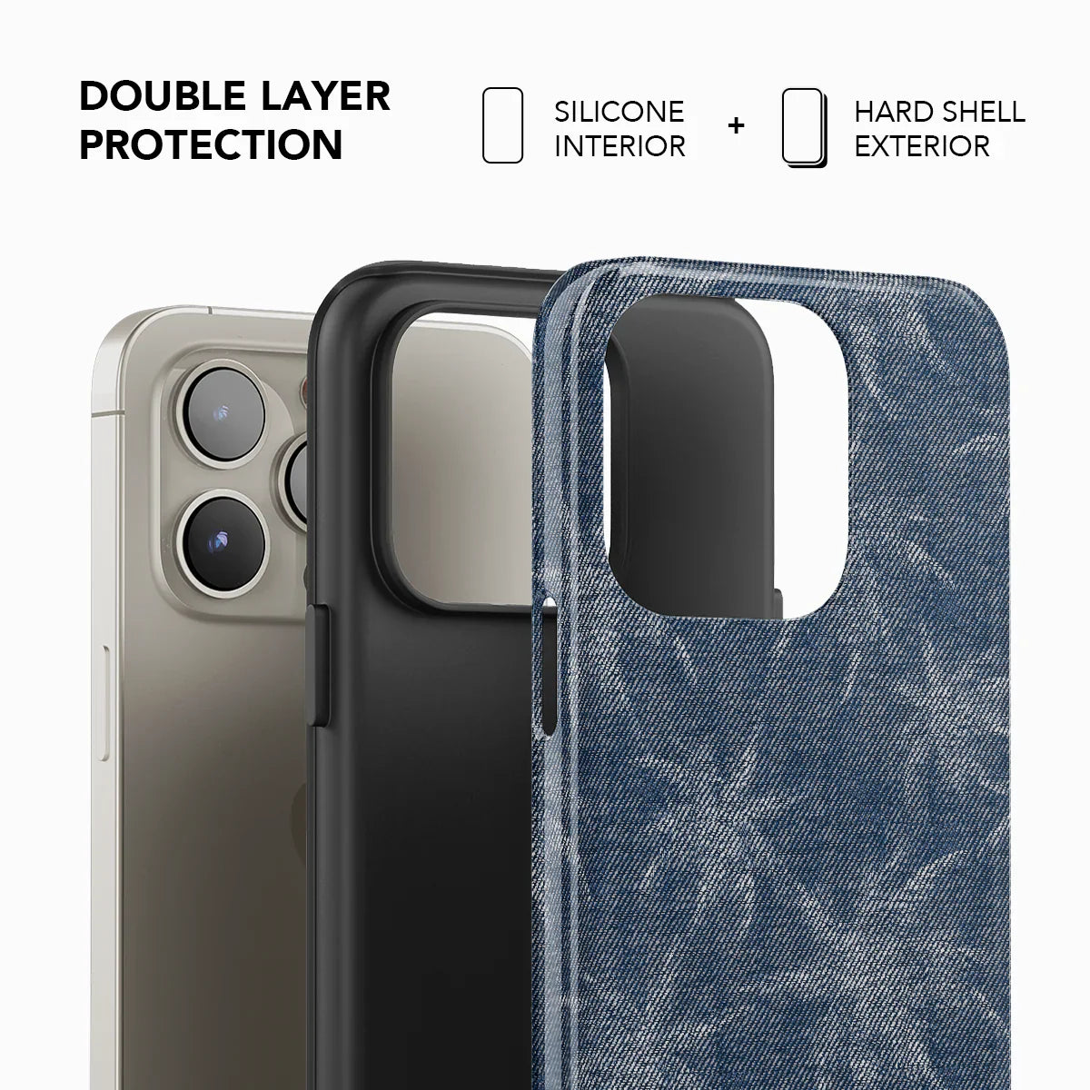 Double layer protection phone case by KELAB featuring a denim-inspired hard shell exterior and shock-absorbing silicone interior.