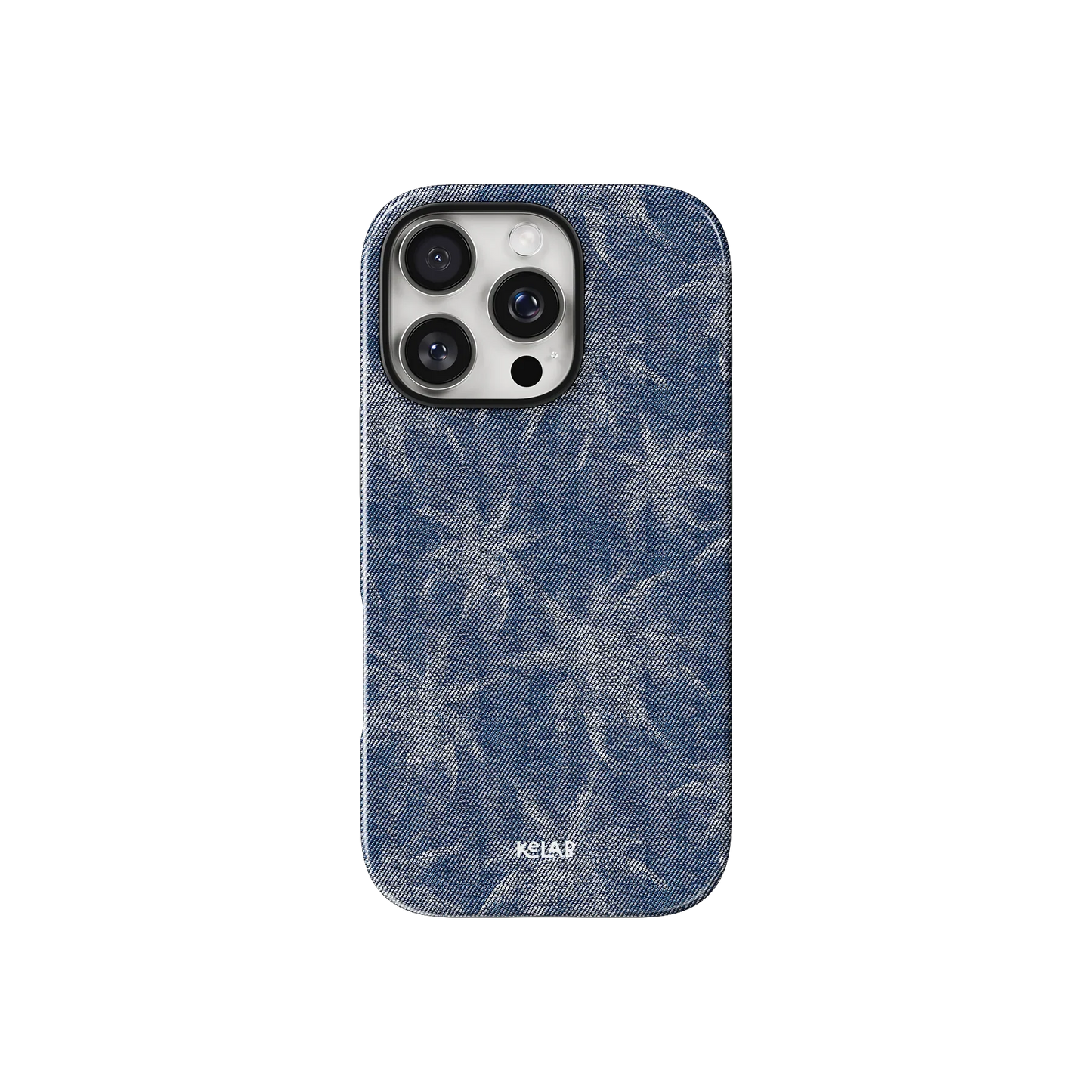 Denim Tree patterned phone case in indigo blue with subtle palm-like design, inspired by jeans. Stylish fit for iPhone with KELAB branding.