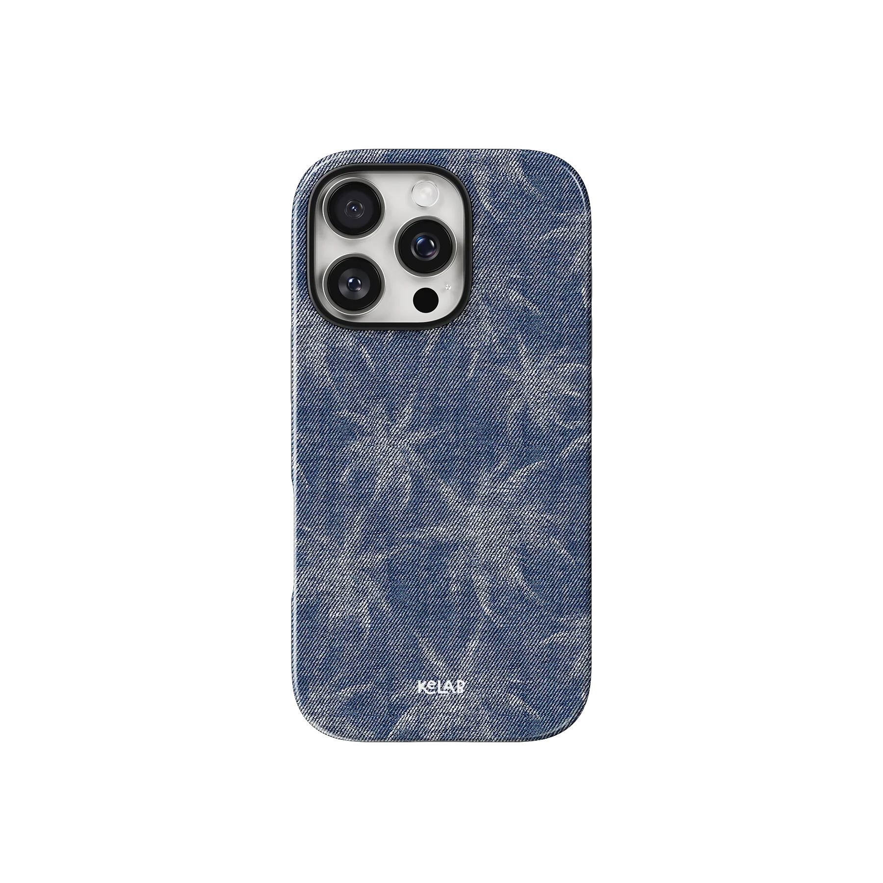 Denim Tree patterned phone case in indigo blue with subtle palm-like design, inspired by jeans. Stylish fit for iPhone with KELAB branding.