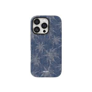 Denim Tree patterned phone case in indigo blue with subtle palm-like design, inspired by jeans. Stylish fit for iPhone with KELAB branding.