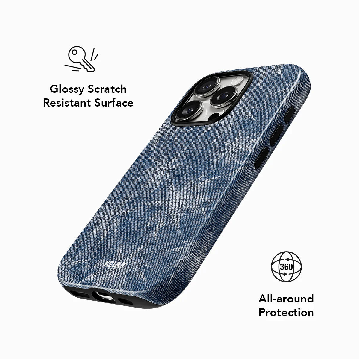 KELAB Denim Tree phone case with glossy scratch-resistant surface and 360° all-around protection in a stylish blue jeans pattern.