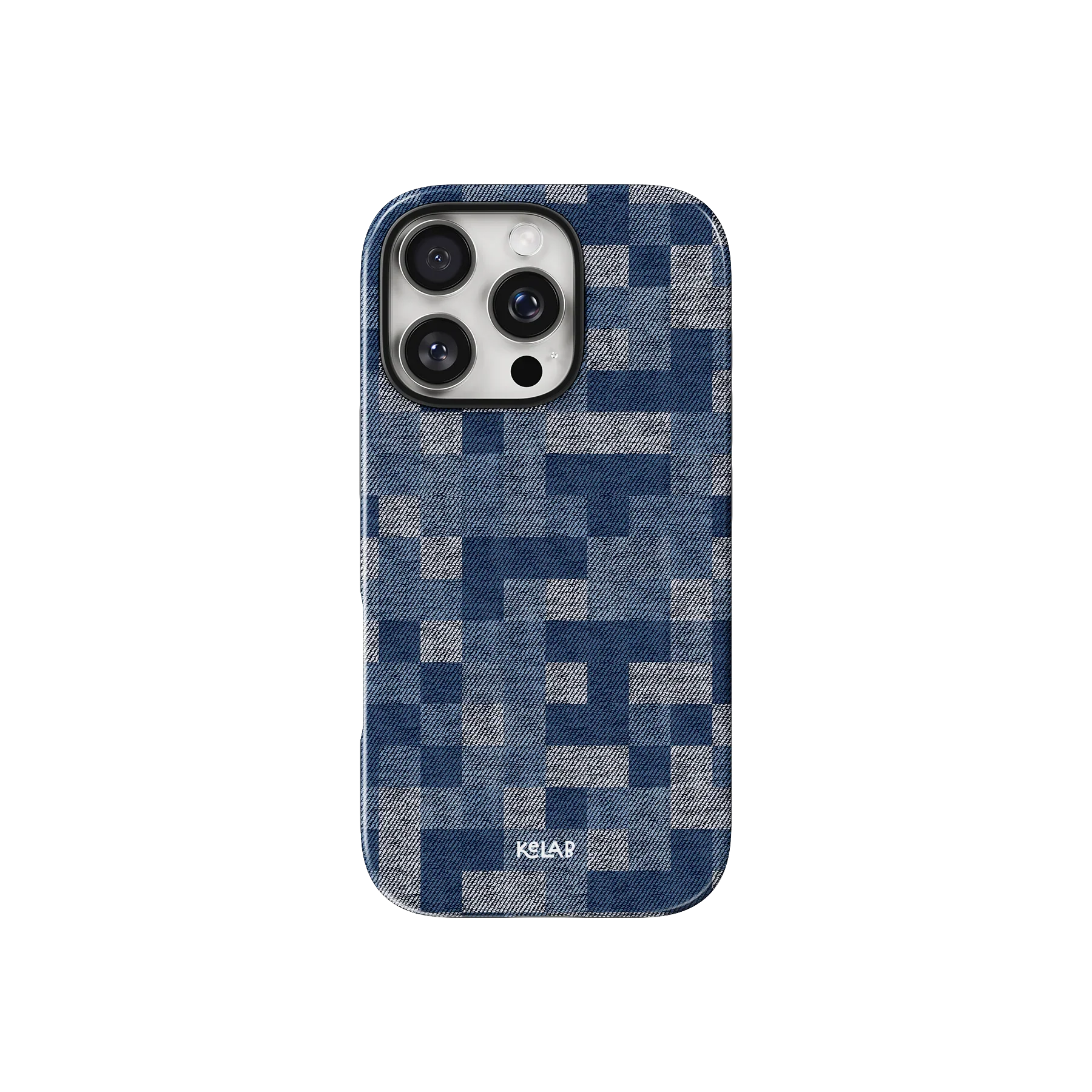 Denim Grid Patterned Phone Case by KELAB featuring a pixelated blue jeans design for iPhone with camera cutout, stylish and protective.