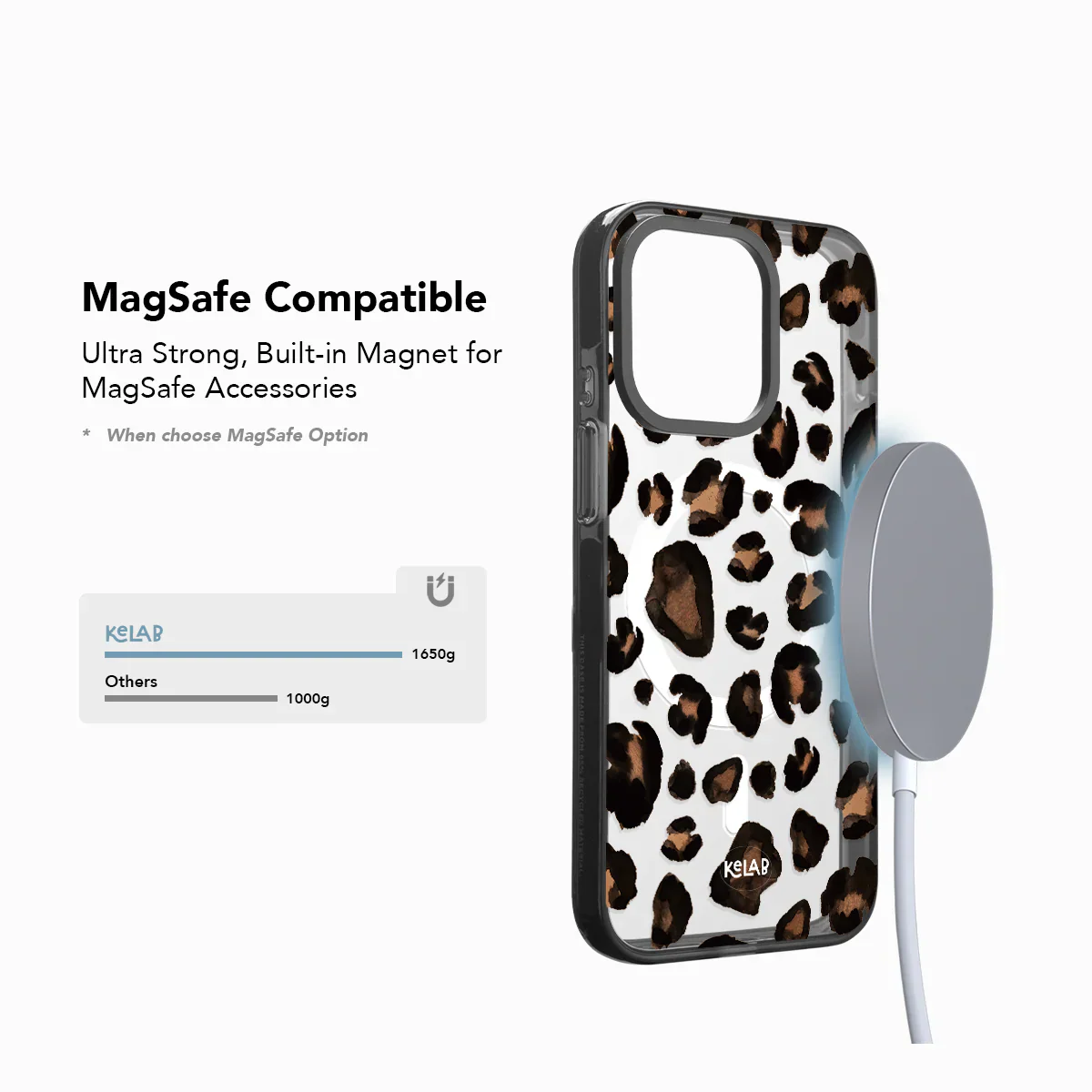 Leopard print phone case with MagSafe feature on a white background