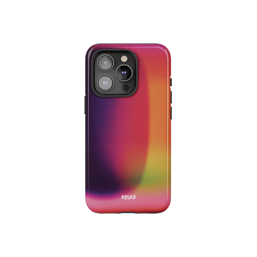 Lucid Ember iPhone case from the Euphoria Series by KELAB, featuring vibrant purple and pink tones with a glossy finish.