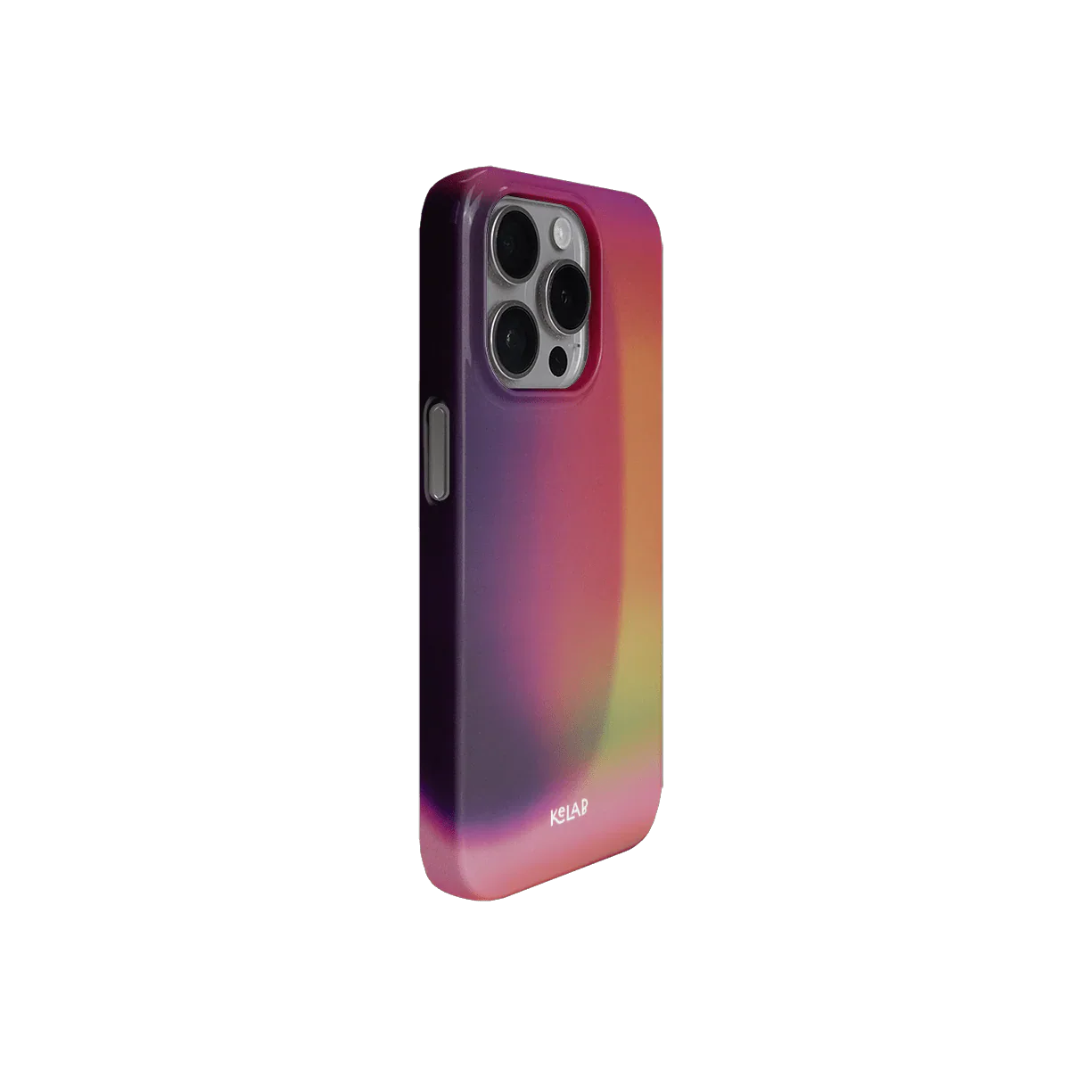 Side view of Lucid Ember iPhone case by KELAB, featuring vibrant pink-purple tones and sleek protective design.
