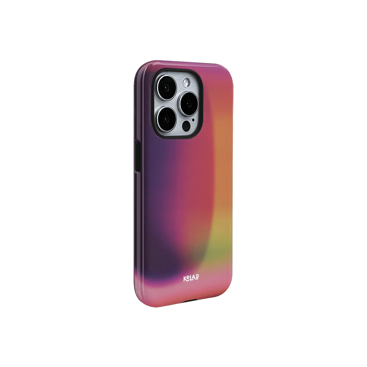Colorful KELAB Lucid Ember phone case with magenta and orange gradient, designed for iPhone with sleek, modern aesthetics.