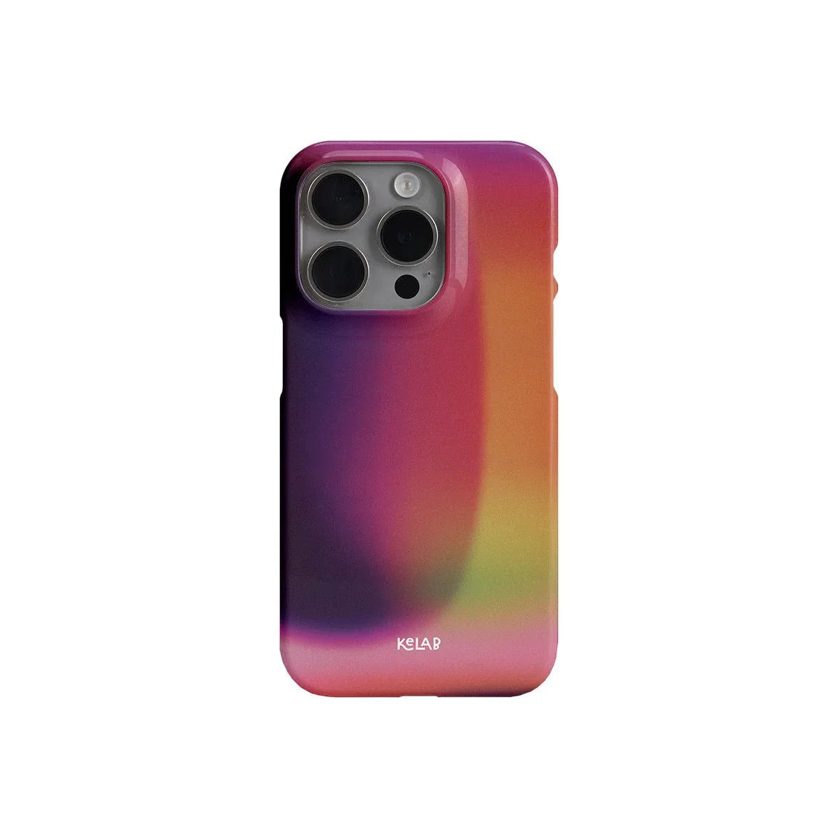 KELAB Lucid Ember iPhone case in Euphoria Series, showcasing a glossy magenta and orange gradient with camera cutout.