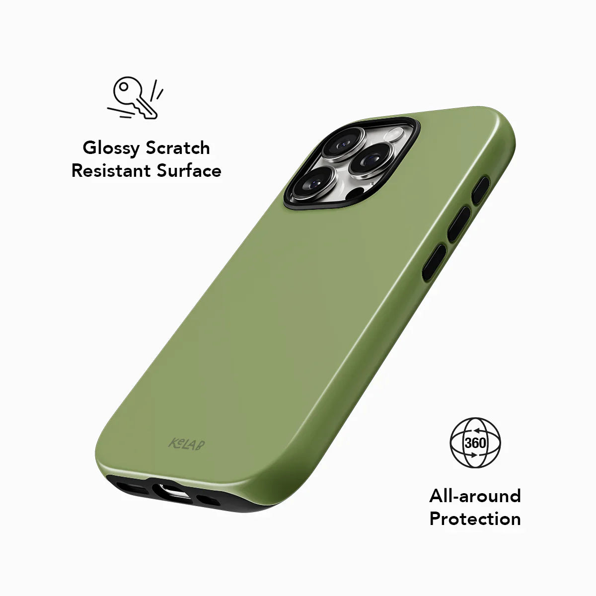 Glossy olive green phone case with 360° all-around protection and scratch-resistant surface, ideal for minimalist iPhone users.