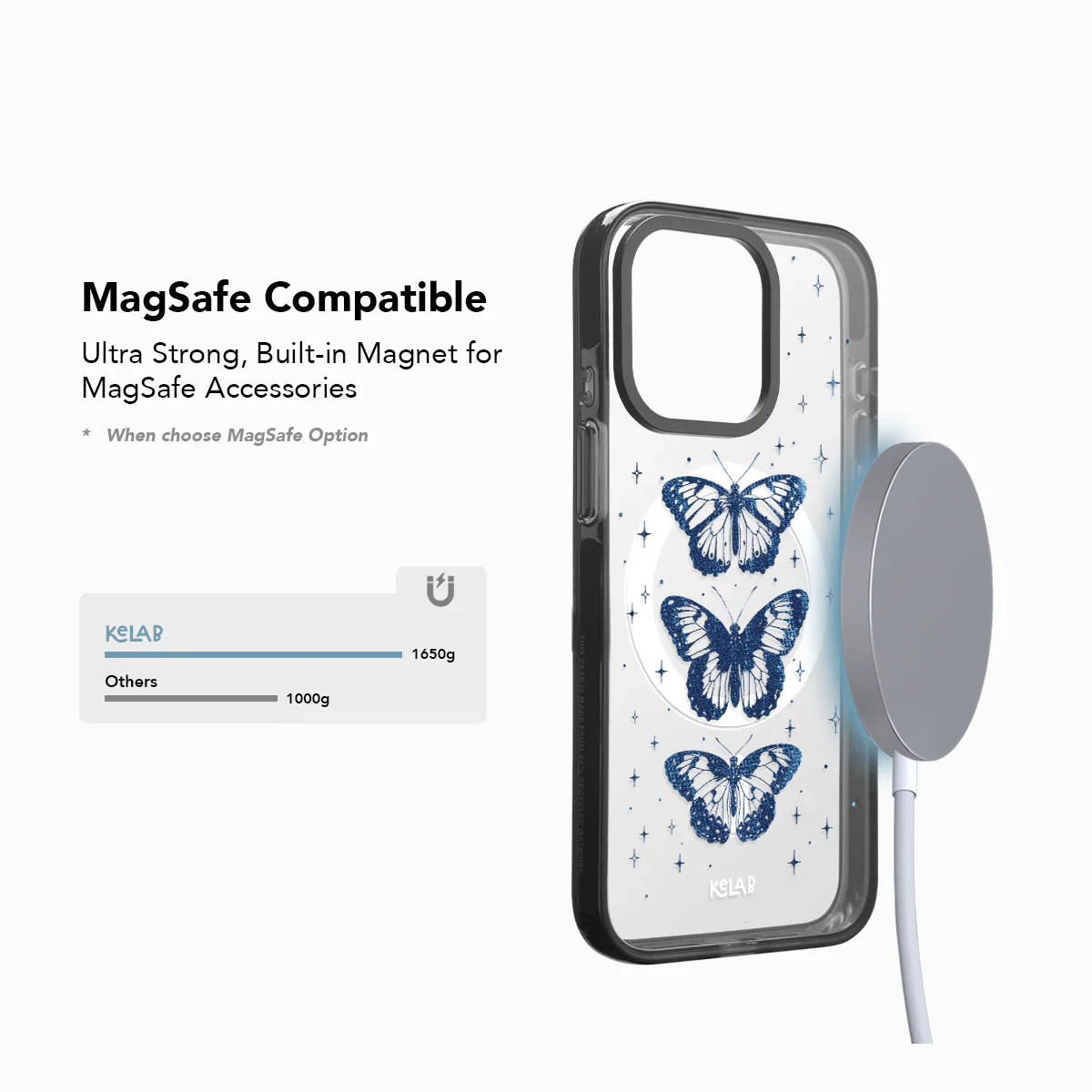 MagSafe compatible Dream Monarch Clear Case with strong built-in magnet, ideal for seamless use with MagSafe accessories and wireless charging.