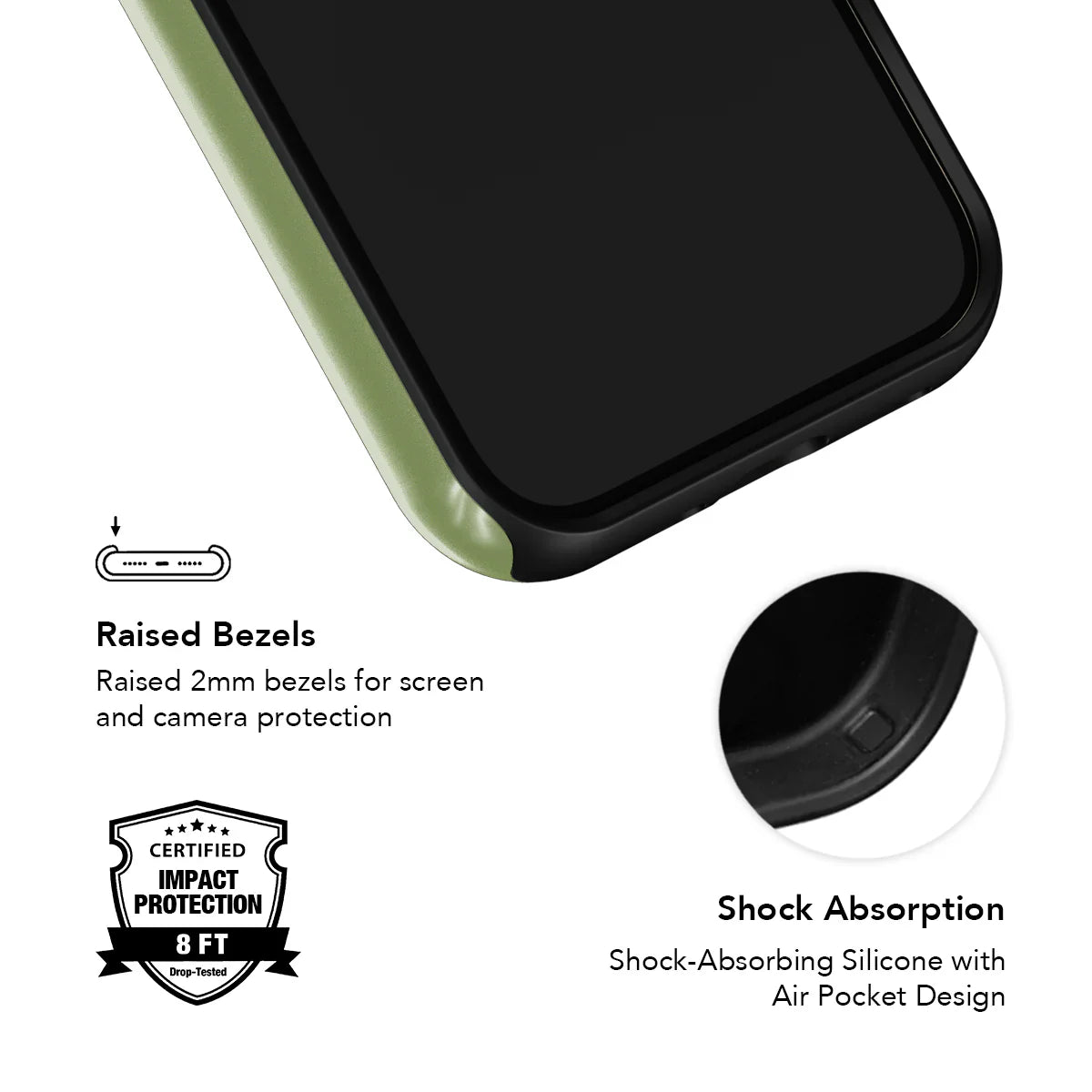 KELAB green phone case with raised bezels and shock-absorbing silicone for certified 8ft impact protection and screen safety.