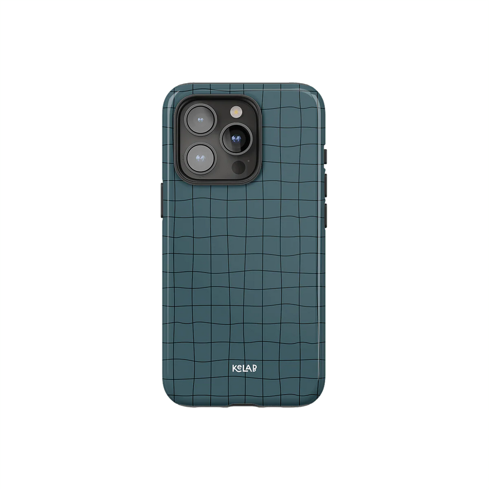 Muted cyan grid iPhone case with subtle striped design by KELAB, offering minimalist style and durable protection for modern smartphones.