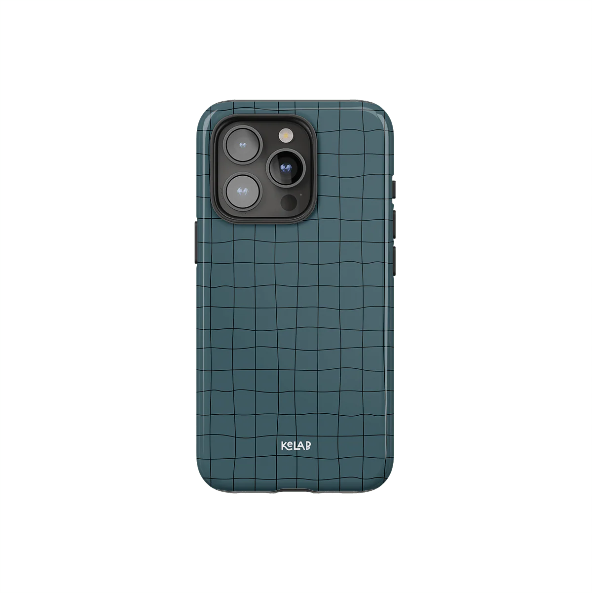 Muted cyan grid iPhone case with subtle striped design by KELAB, offering minimalist style and durable protection for modern smartphones.