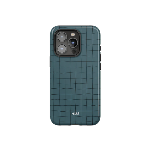 Muted cyan grid iPhone case with subtle striped design by KELAB, offering minimalist style and durable protection for modern smartphones.