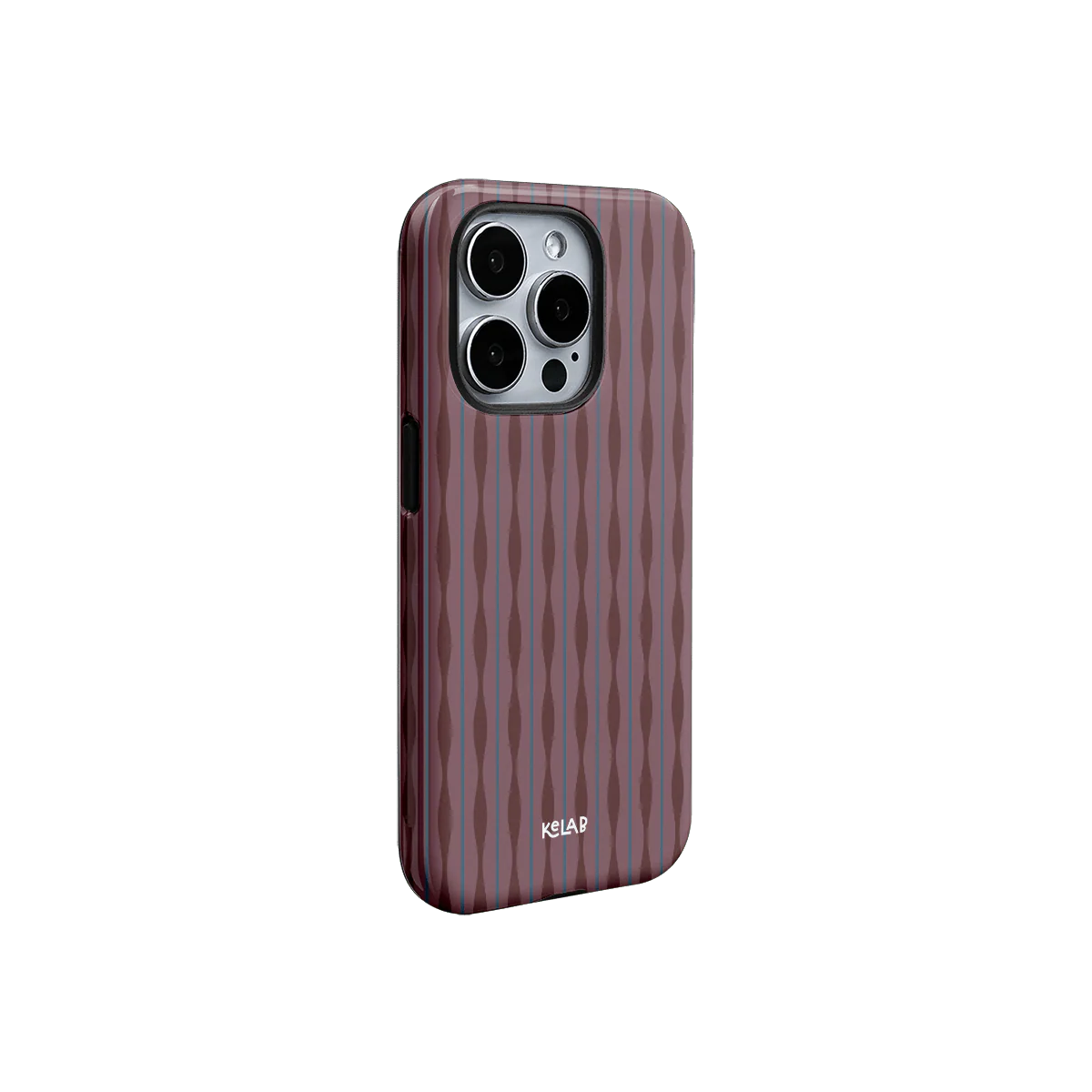 Minimalist burgundy phone case with abstract wavy design and slim profile, part of KELAB's Mulberry collection.