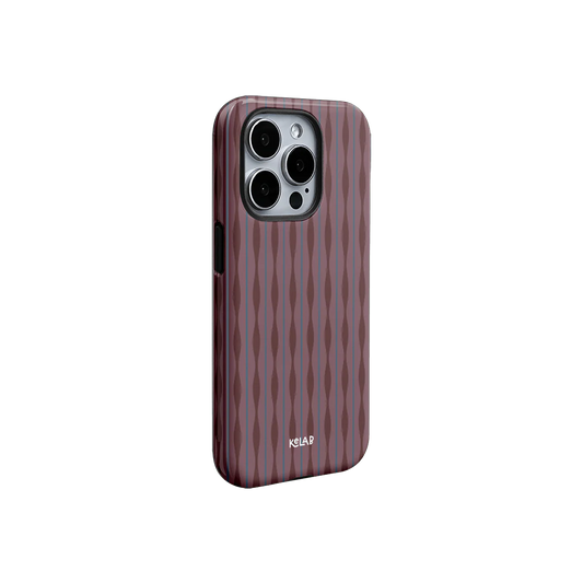 Minimalist burgundy phone case with abstract wavy design and slim profile, part of KELAB's Mulberry collection.