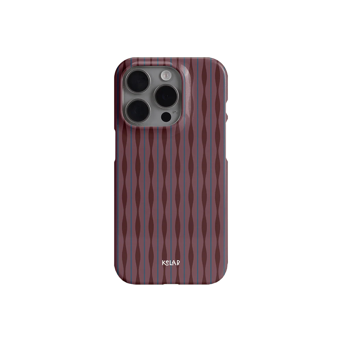Back view of KELAB Mulberry phone case in burgundy with optical wavy pattern and camera cutout.