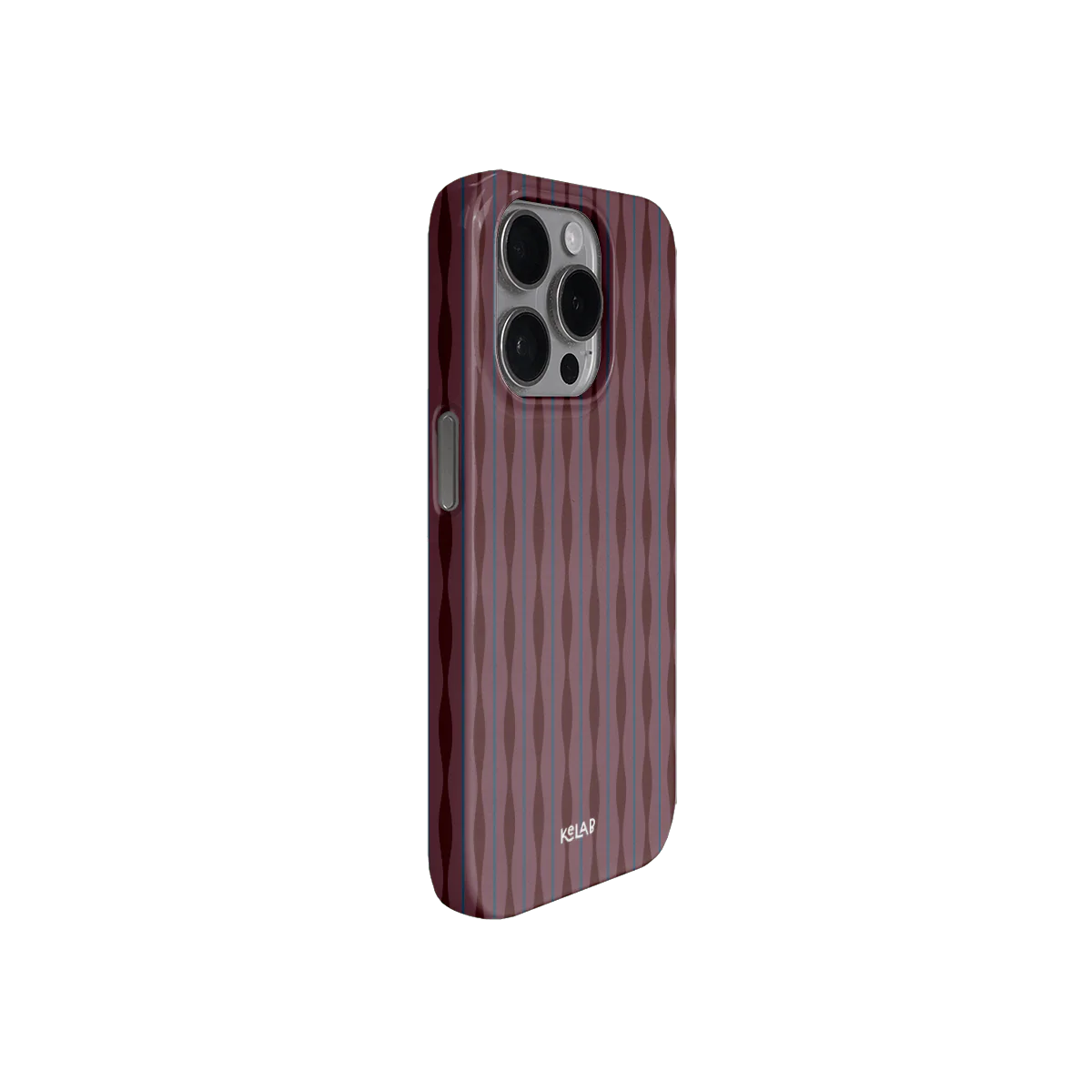 Angled view of burgundy phone case with minimalist ripple design, combining style and protection from KELAB.