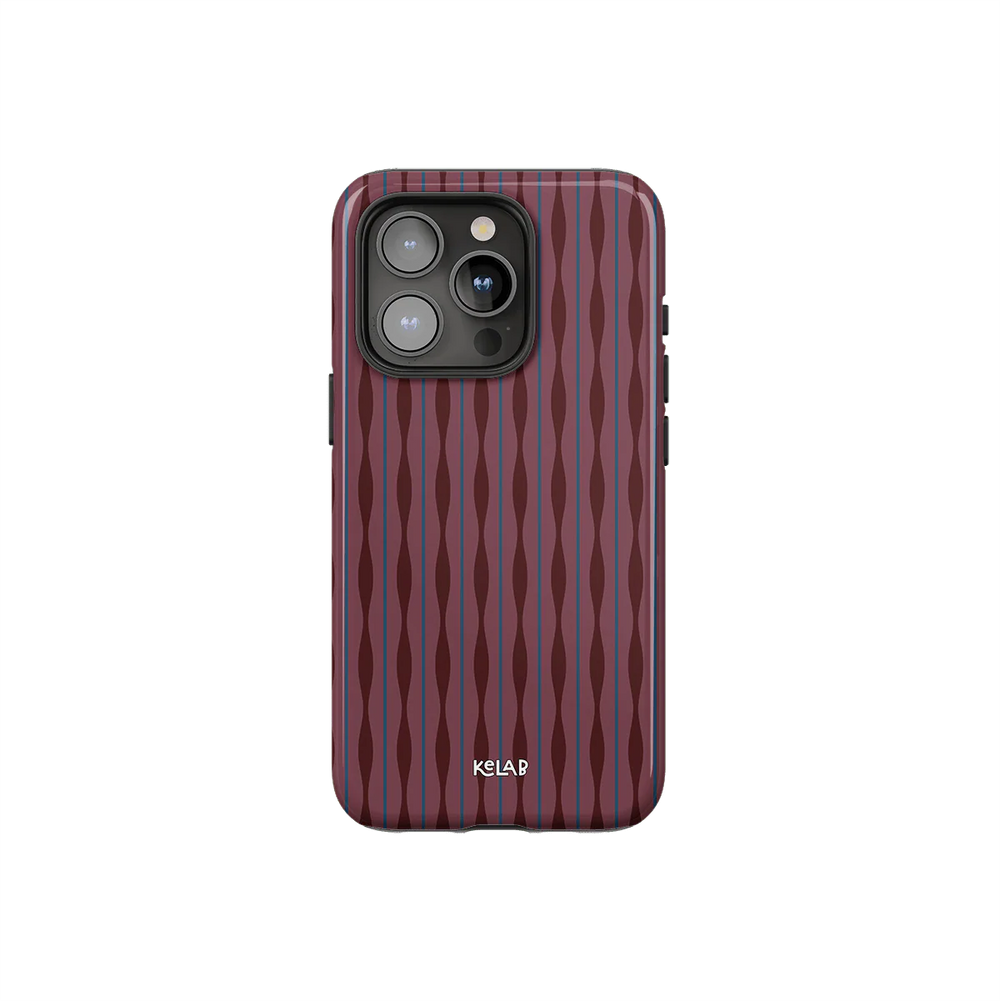 Mulberry burgundy phone case with wavy textured design by KELAB, featuring a glossy ripple pattern and precise camera cutout.