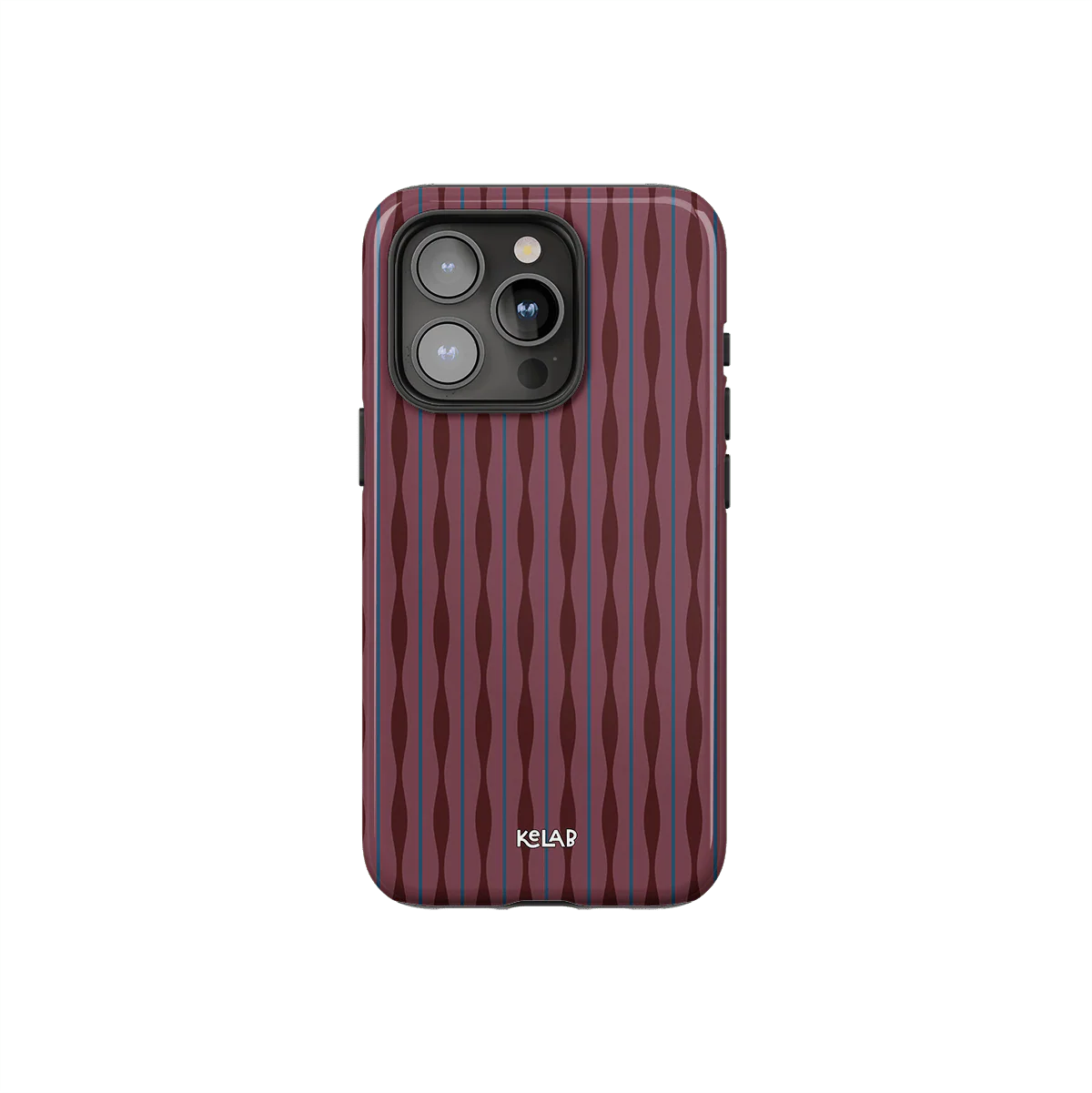 Mulberry burgundy phone case with wavy textured design by KELAB, featuring a glossy ripple pattern and precise camera cutout.