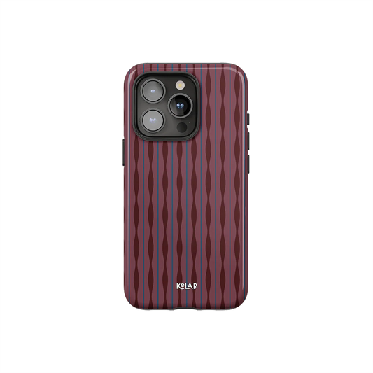 Mulberry burgundy phone case with wavy textured design by KELAB, featuring a glossy ripple pattern and precise camera cutout.