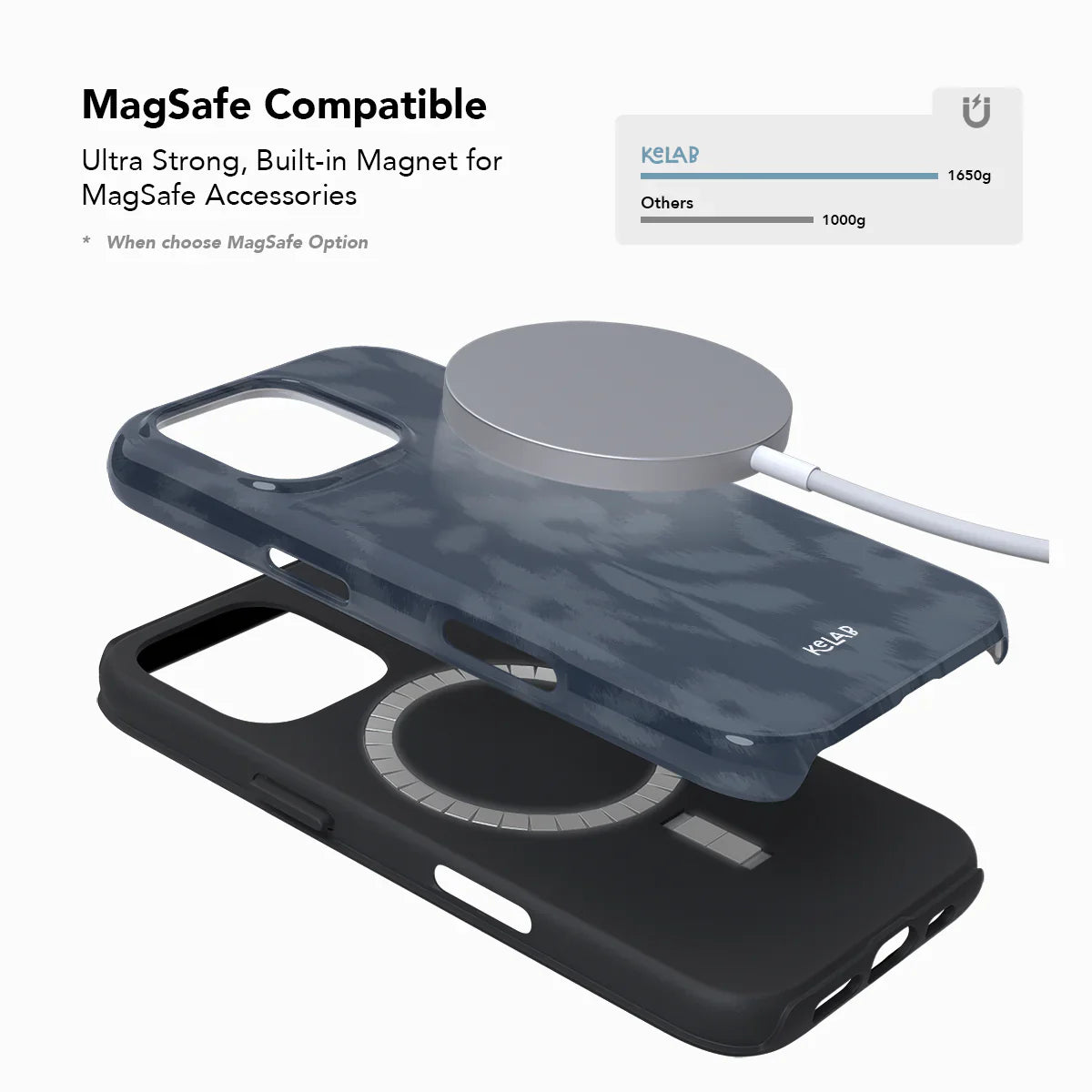 MagSafe compatible floral phone case in navy blue with built-in magnet and layered design for seamless accessory use and strong hold.