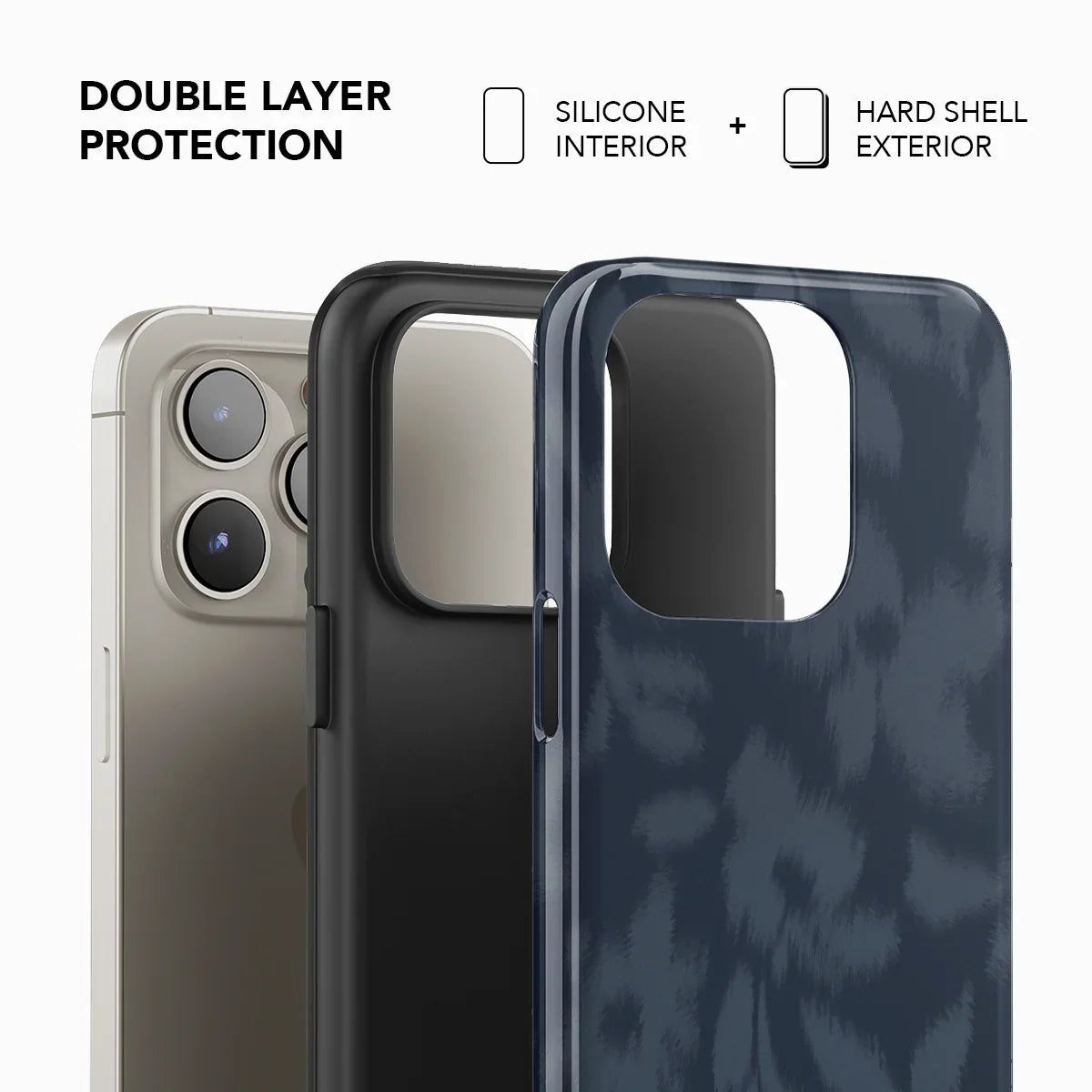Double-layer phone case with silicone interior and hard shell exterior in a dark floral navy design, offering enhanced durability and style.