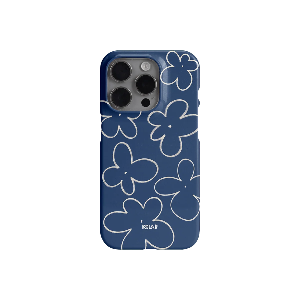 Back view of KELAB's Nostalgic Blossoms phone case in navy blue with white sketched flowers, blending timeless design with modern protection.
