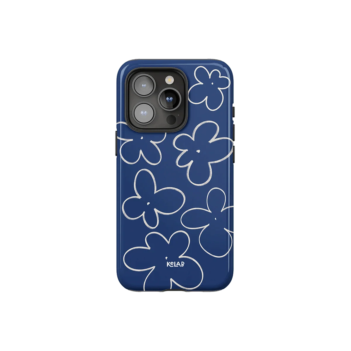 Blue phone case with white sketched floral design in minimalist style by KELAB, offering a chic and vintage-inspired look for smartphones.