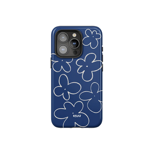 Blue phone case with white sketched floral design in minimalist style by KELAB, offering a chic and vintage-inspired look for smartphones.