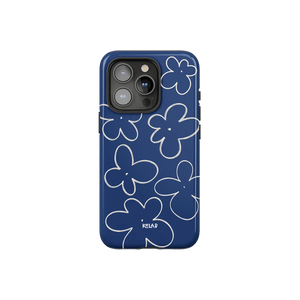 Blue phone case with white sketched floral design in minimalist style by KELAB, offering a chic and vintage-inspired look for smartphones.