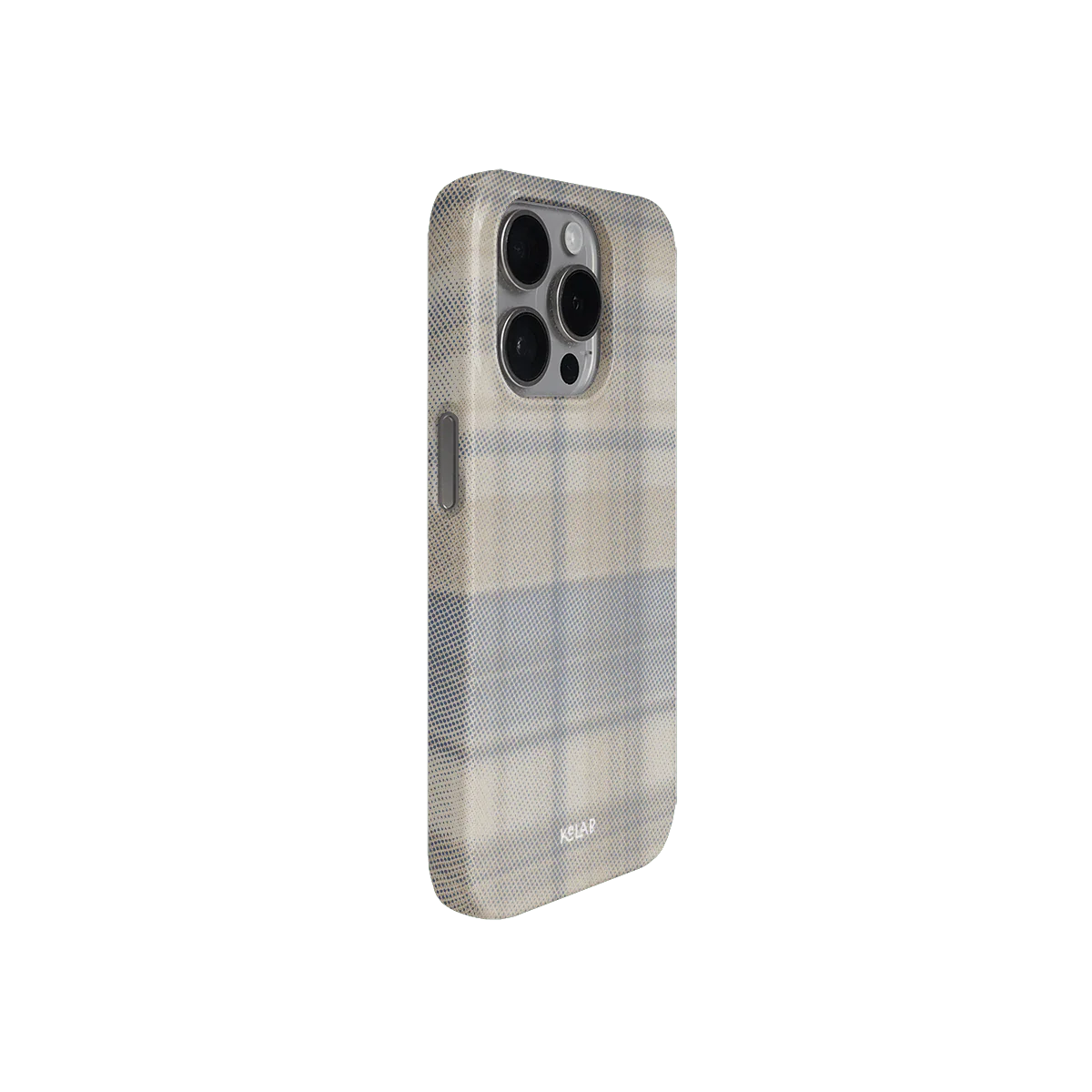 Angled view of Oatmilk Flannel Phone Case showing grid design and soft plaid texture, perfect for a subtle, stylish iPhone upgrade.