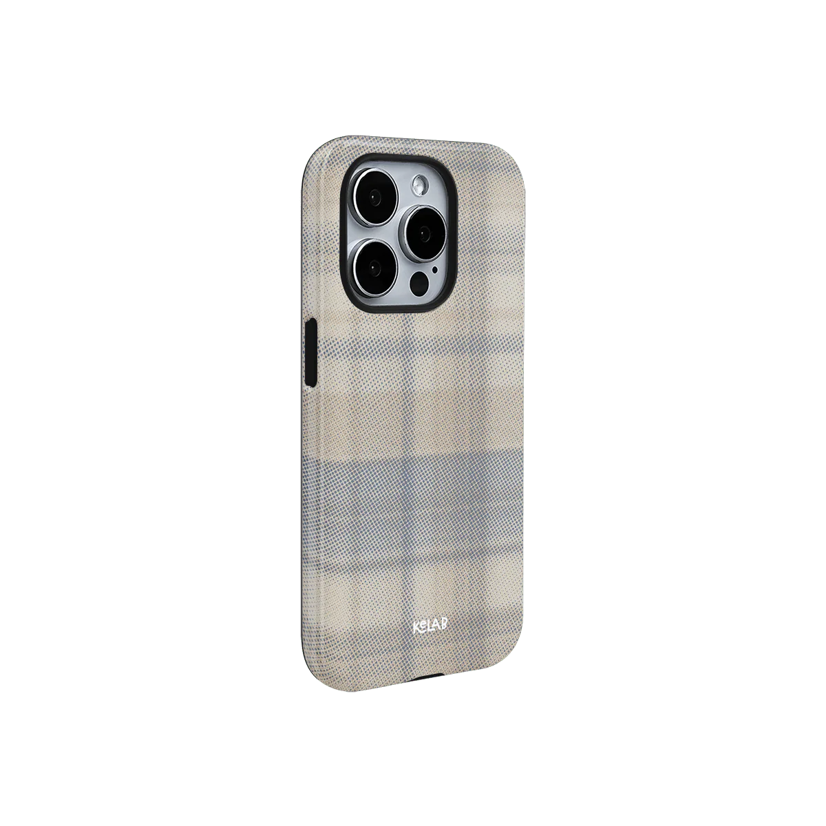 Minimalist Oatmilk iPhone Case in muted tartan pattern, offering a sleek side profile with precise cutouts and subtle texture.