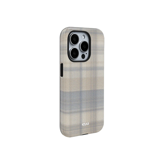 Minimalist Oatmilk iPhone Case in muted tartan pattern, offering a sleek side profile with precise cutouts and subtle texture.