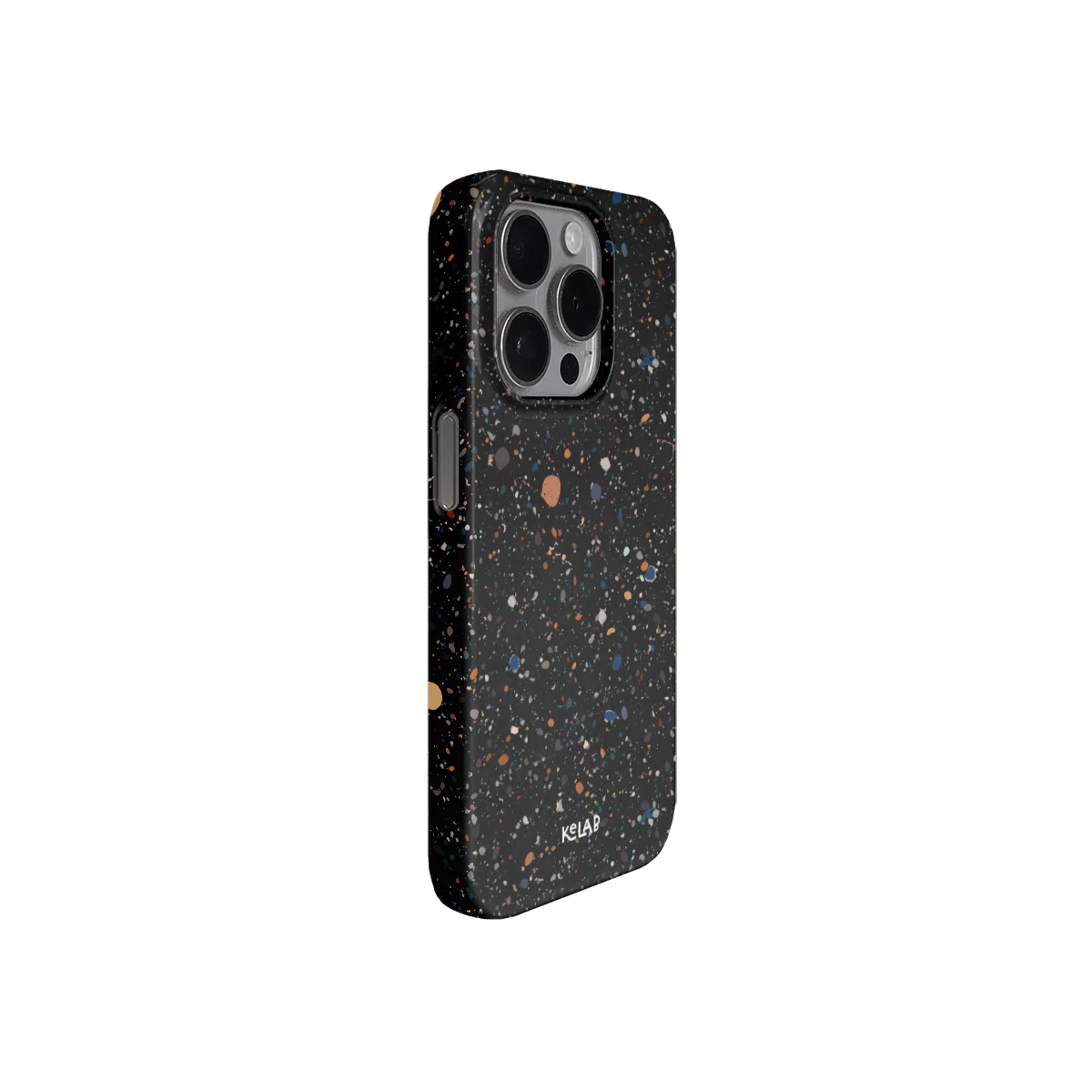 Angled view of KELAB paint splatter phone case in Obsidian Mist. Minimalist black design with colorful speckles and durable build.
