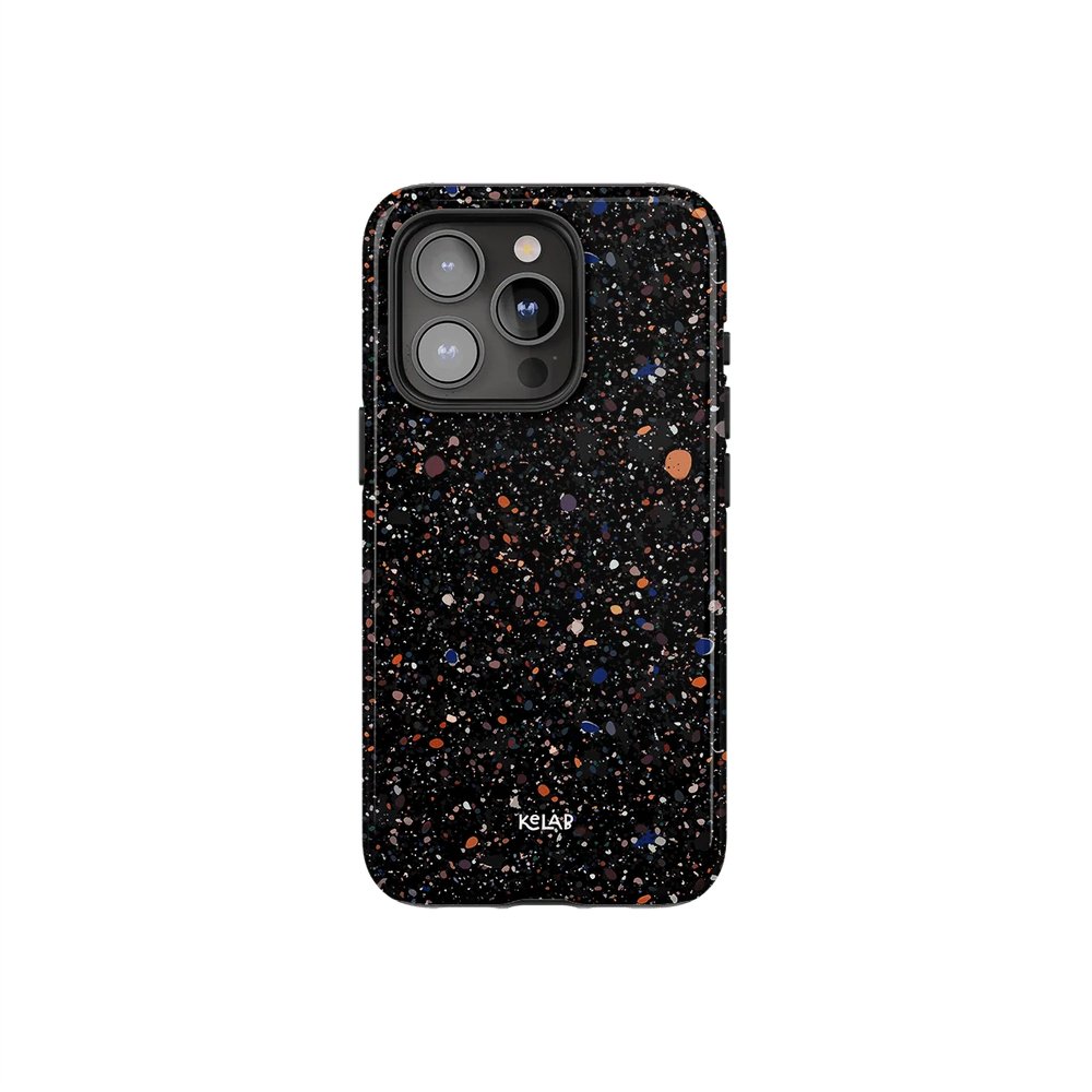 Obsidian Mist paint splatter phone case by KELAB featuring a minimalist black design with multicolor speckles. Stylish protection for smartphones.