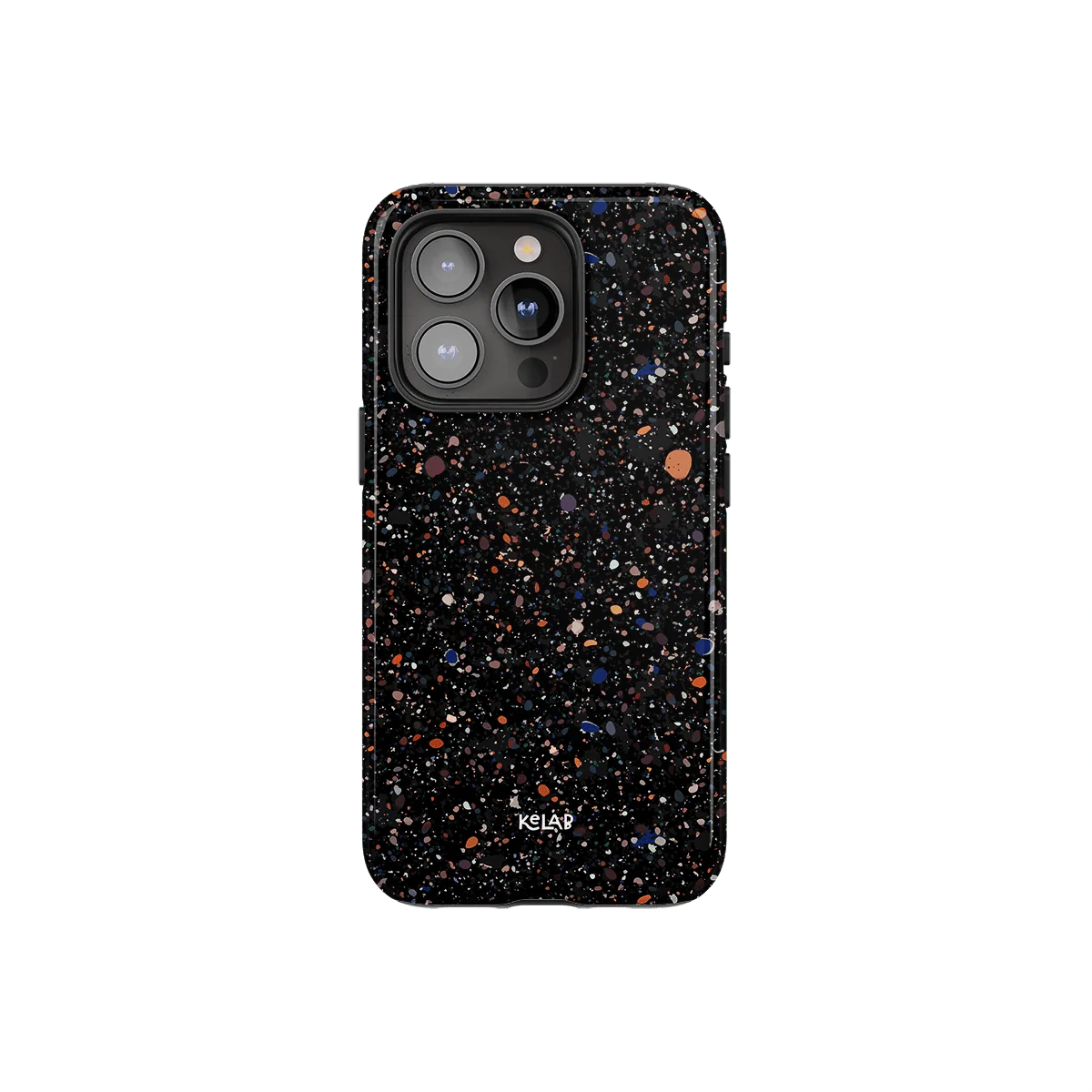 Obsidian Mist paint splatter phone case by KELAB featuring a minimalist black design with multicolor speckles. Stylish protection for smartphones.